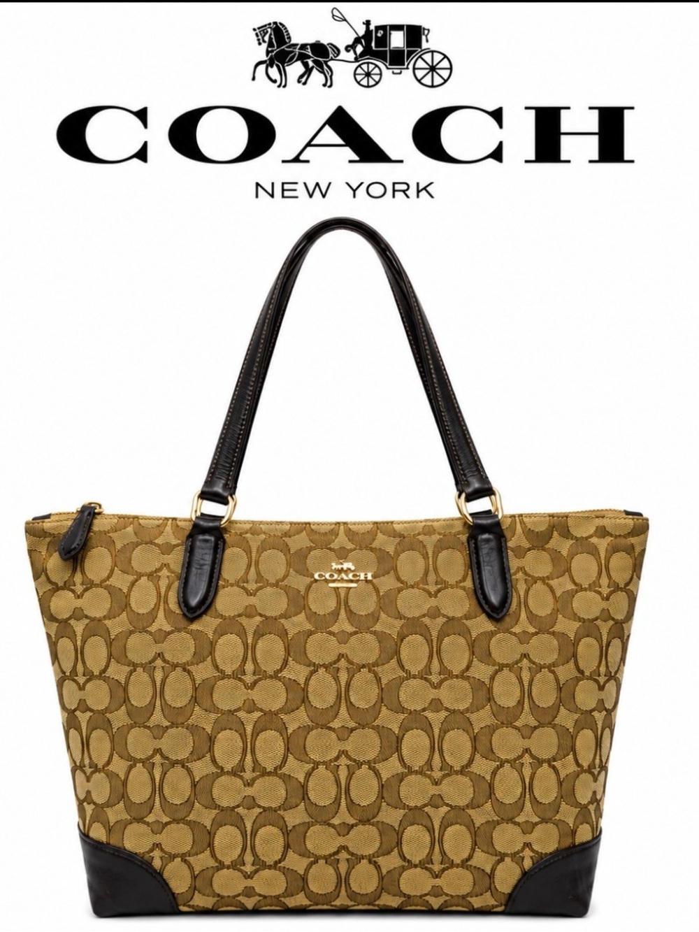 Coach Signature Zip Top Tote in Brown Canvas with Chocolate  Leather Trim
